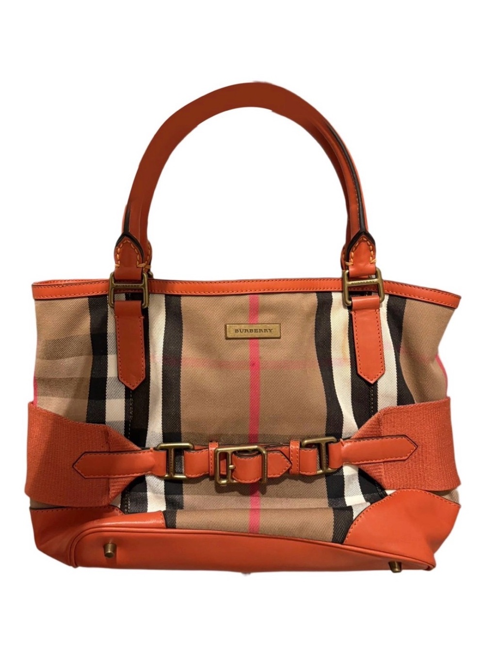 Burberry Nova Check Orange Leather Trim Canvas Tote Shoulder Bag Brass Hardware